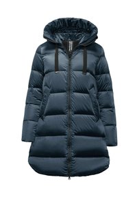 Manteau rembourré bleu marine avec capuche, fermeture éclair à l'avant et cordons de tirage noirs. Comprend des sections matelassées et un ourlet légèrement arrondi.