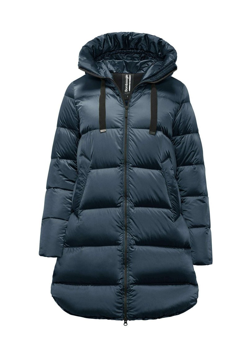 Manteau rembourré bleu marine avec capuche, fermeture éclair à l'avant et cordons de tirage noirs. Comprend des sections matelassées et un ourlet légèrement arrondi.