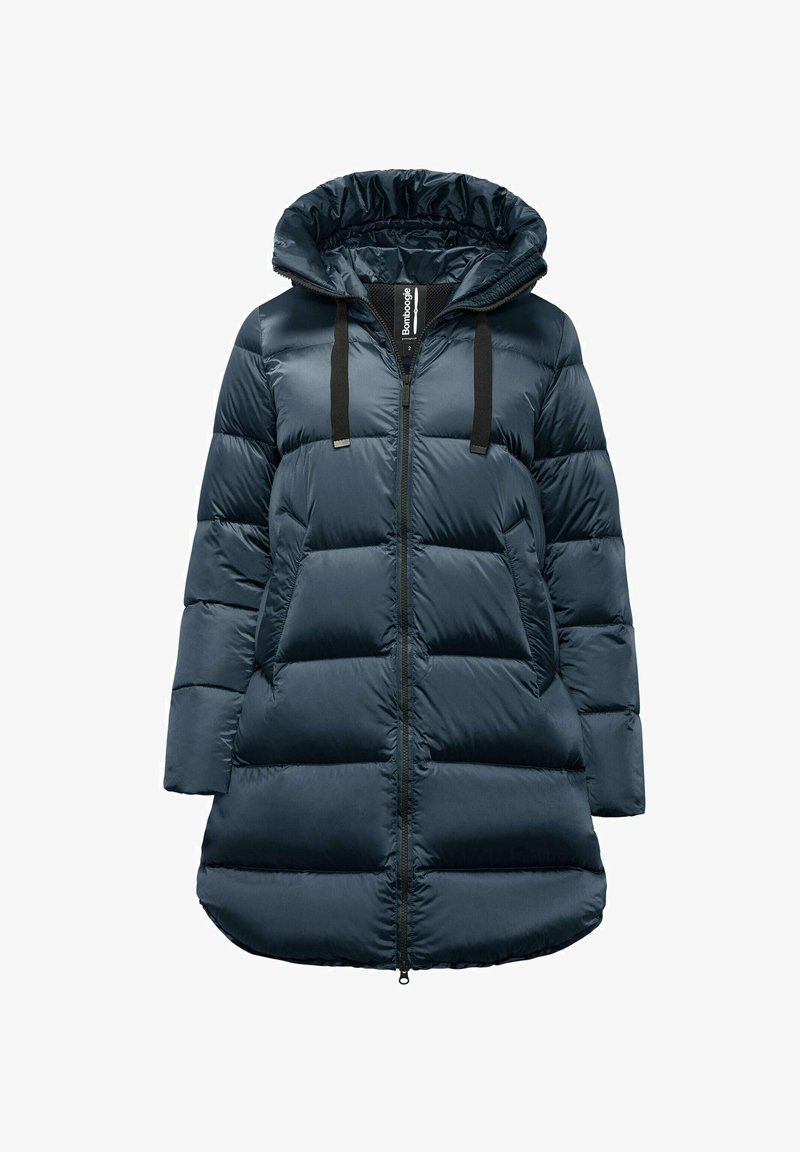 Navyblauwe pufferjas met capuchon, rits aan de voorkant en zwarte trekkoorden. Heeft gequiltte secties en een licht gebogen zoom.