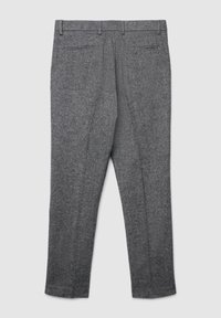 Graue Wollhosen mit glatter Textur, die eine taillierte Passform, zwei Gesäßtaschen und Gürtelschlaufen aufweisen. Sie haben ein gerades Bein-Design.