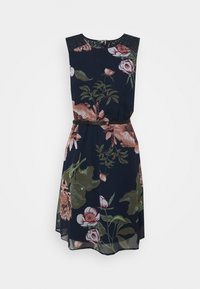 Marinblå blommig klänning utan ärmar, med rosa och gröna blommönster. Har midjeband och är gjord av lätt tyg.