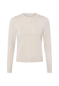 Cardigan beige realizzato in morbido tessuto a maglia. Presenta un colletto rotondo, maniche lunghe e chiusura con bottoni sul davanti. Texture liscia e orlo aderente.