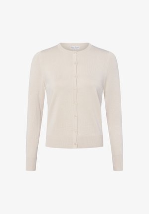 Beżowy kardigan wykonany z miękkiej dzianiny. Posiada okrągły dekolt, długie rękawy oraz zapięcie na guziki na przedzie. Gładka faktura i dopasowany dół.