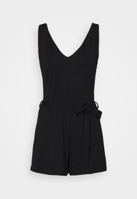 Mono negro con escote en V, diseño sin mangas, cinturilla elástica y un cinturón de tela atado en la cintura. Textura suave y ajuste casual.