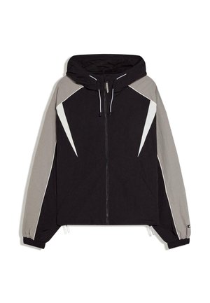 Black and gray hooded jacket with white diagonal accents on the chest, full front zipper, elastic cuffs, and drawstrings at the hood and hem.