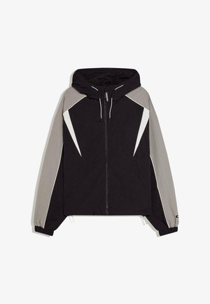 Black and gray hooded jacket with white diagonal accents on the chest, full front zipper, elastic cuffs, and drawstrings at the hood and hem.