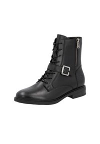 Schwarze Leder-Stiefelette mit Schnürung an der Vorderseite, seitlichem Reißverschluss und silberner Schnallen-Akzent. Sie hat einen flachen Absatz und eine glatte Textur.