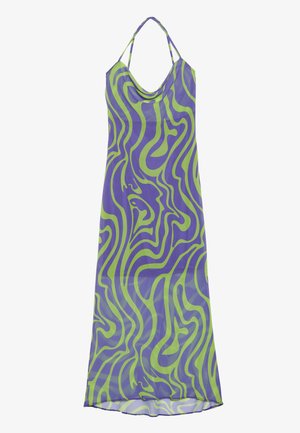 Purple and green swirl-patterned dress with a cowl neckline and halter straps, made of lightweight fabric, featuring a long, flowing design.