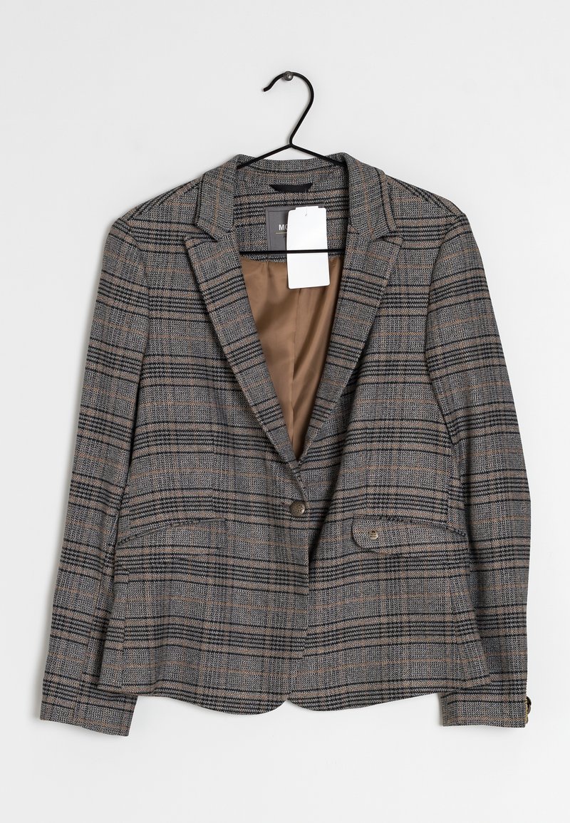 Gray and brown plaid blazer with a notched collar, two front pockets, and two buttons; features a smooth brown inner lining.