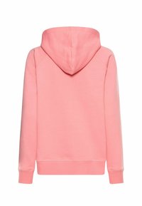 Solid pink hooded sweatshirt with long sleeves, ribbed cuffs, and a ribbed hem, shown from the back on a white background.