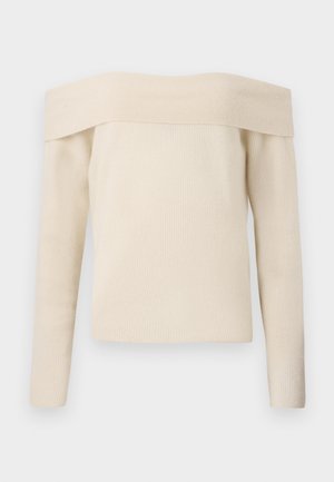 Off-the-shoulder gräddvit stickad tröja med långa ärmar och ribbad textur. Boxig passform, med en bred halsringning och minimal detaljering.