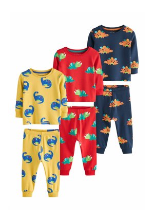 Three sets of children's pajamas with dinosaur patterns: yellow with blue, red with green, and navy blue with orange dinosaurs.