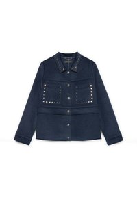 Jachetă bleumarin închis cu mâneci lungi, închidere cu capse, două buzunare frontale decorate cu cuie metalice și o guler cu cuie.