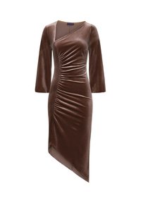 Brown, fitted dress made of soft, velvety material. Features a wrap design, long sleeves, gathered texture, and asymmetric hem.