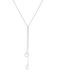 Sølv lariat halskæde med en lang kæde, en cirkulær løkke og en flad cirkulær vedhæng, alle med en blank finish.