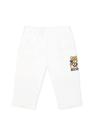 Pantaloni bianchi in cotone con una vita elastica, due tasche laterali e una grafica di un orso con il testo "Moschino" su un lato.