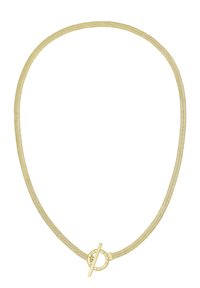 Collana in tonalità oro con una catena herringbone flessibile, chiusura a rondella rotonda e superficie liscia per un'aspetto elegante e contemporaneo.