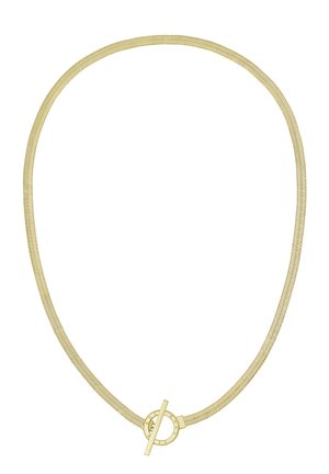 Gouden halsketting met een flexibele herringbone ketting, ronde sluiting en een glad oppervlak voor een strakke, moderne uitstraling.