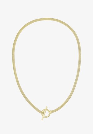 Gouden halsketting met een flexibele herringbone ketting, ronde sluiting en een glad oppervlak voor een strakke, moderne uitstraling.