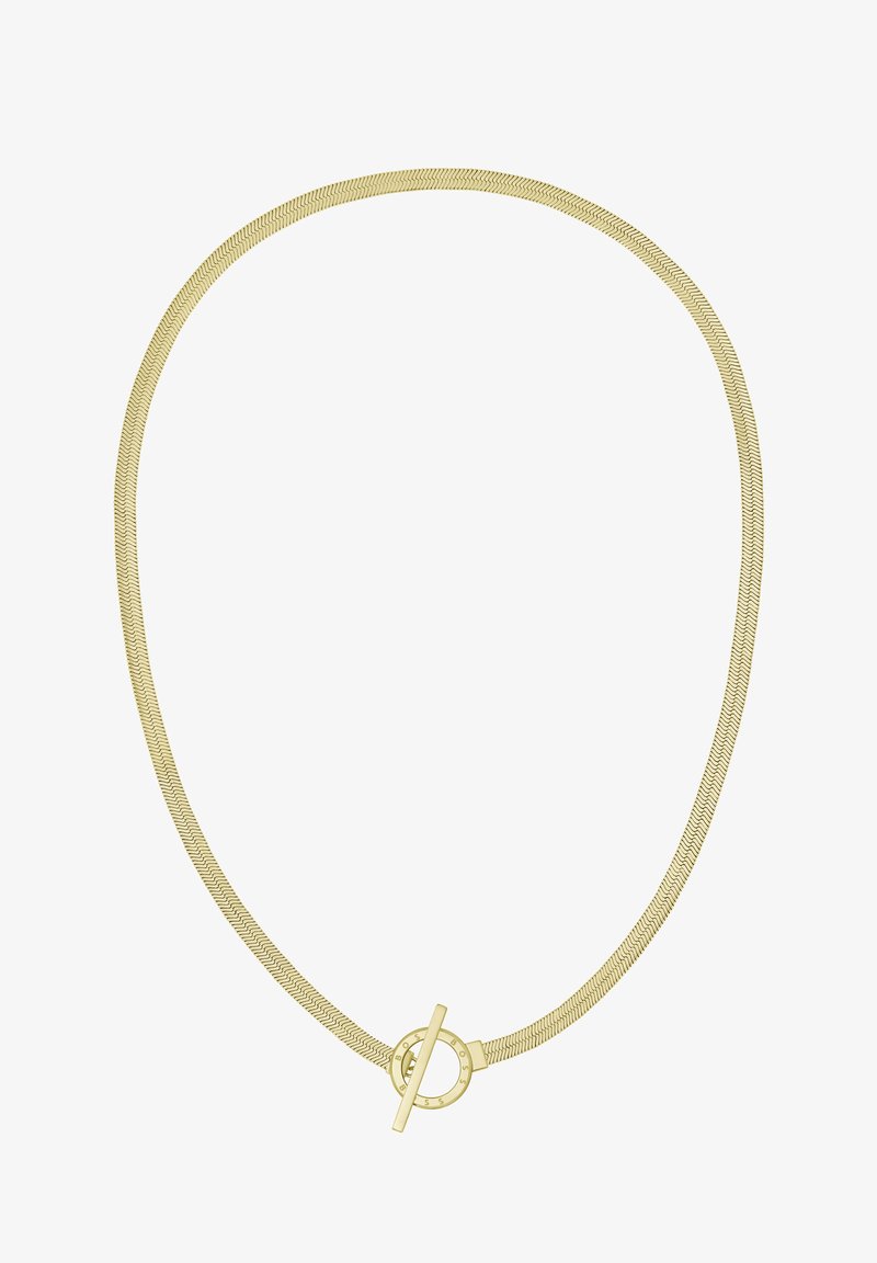 Guldtonet halskæde med en fleksibel herringbone-kæde, rund lås og glat overflade for et strømlinet, moderne udseende.