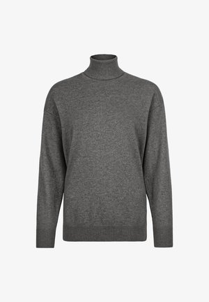 Grå polotröja tillverkad av mjukt stickat material, med ribbad krage och muddar, i en avslappnad, något boxig form.