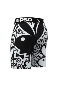 Svarte og hvite boxere med en blanding av tekst og grafiske mønstre, med en logo-bredde. Laget av elastisk materiale med en tettsittende design.