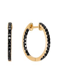 Złote kolczyki w kształcie obręczy z cienką obręczą, ozdobione czarnymi kryształami po jednej stronie. Gładka metalowa powierzchnia, okrągły kształt i bezpieczne zapięcie.
