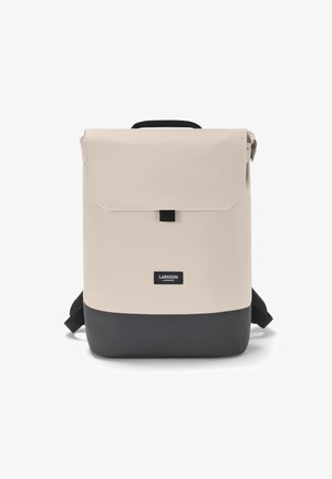 Beige and black rectangular backpack with top flap, front clasp, black handle, padded straps, and "Larkson Hamburg" logo on front.