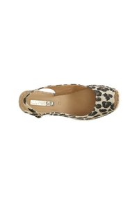 Leopard-print open-toe wedge shoe with a textured, beige fabric upper, cutout sides, and a smooth beige interior. Adjustable ankle strap.