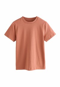 Korte mouw t-shirt in een zachte, gedempte terracottakleur. Heeft een ronde hals en een gladde, lichte katoenstof.