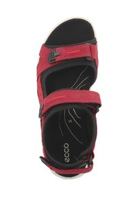 Raudoni sandalai su reguliuojamomis juostelėmis, atviru pirštu, paminkštintu juodu padu ir balta outsole. Viduje matomas dydžio 38 etiketas.