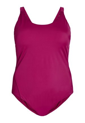 Magenta enodelni kopalni kostim z tankimi naramnicami, širokim izrezom in gladkim, elastičnim materialom. Ima zmeren kroj in brezšivno obliko.