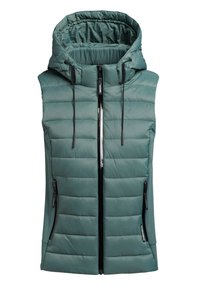 Polstrovaná vesta v tmavě modré barvě s kapucí, má přední zip, dvě boční kapsy na zip a nastavitelné šňůrky pro bezpečné uchycení.