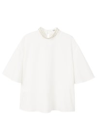 Weiße Bluse mit kurzen Ärmeln und einem runden, verzierten Kragen. Glattes Material, lockere Passform und eine Knopfleiste auf der Rückseite.