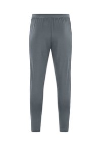 Grijze sportbroek met een elastische tailleband, gemaakt van een gladde, stretchy stof. Het ontwerp is slim-fit en naadloos.