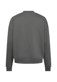 Gray sweatshirt with a ribbed crew neck, dropped shoulders, and ribbed cuffs and hem. Textured fabric with a smooth finish.