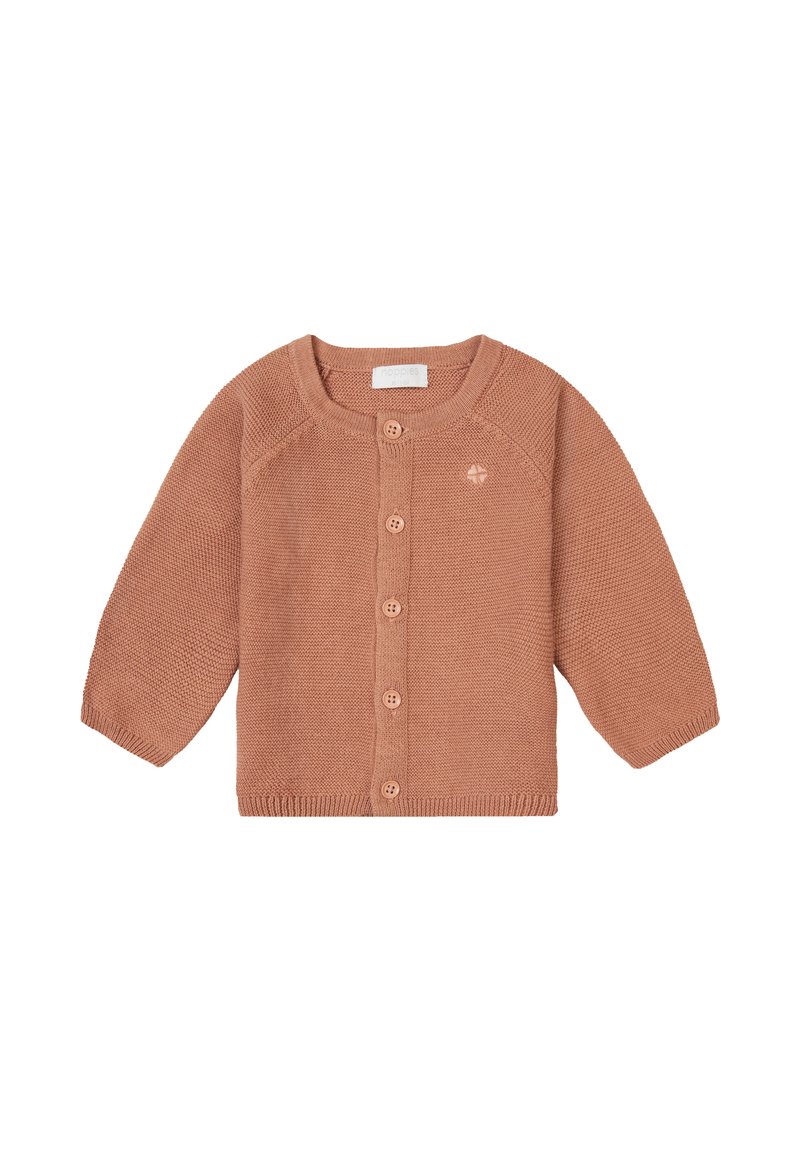 Ljusbrun stickad cardigan med långa raglanärmar, fem knappar fram och en liten logotyp på bröstet. Strukturerad tyg.