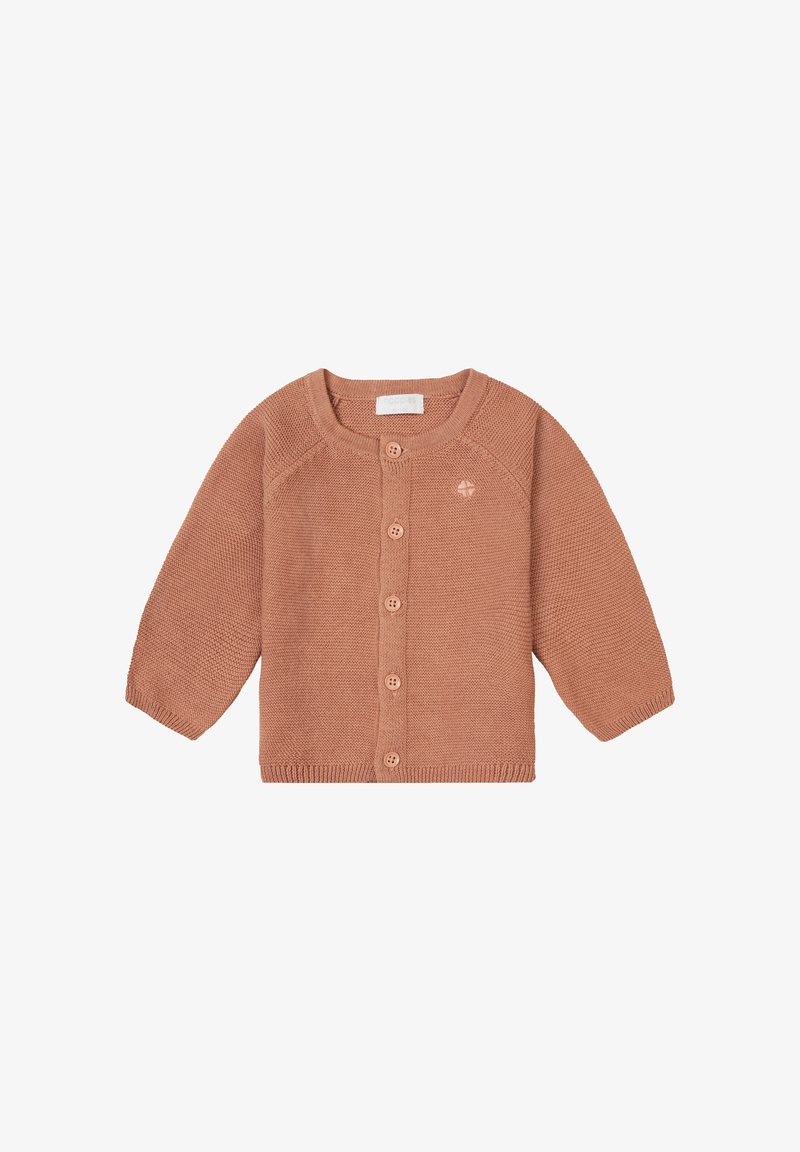 Ljusbrun stickad cardigan med långa raglanärmar, fem knappar fram och en liten logotyp på bröstet. Strukturerad tyg.