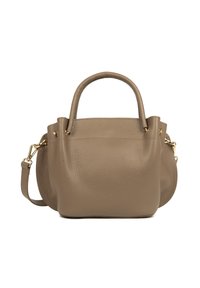 Sac à main en cuir taupe texturé avec des poignées arrondies et une bandoulière amovible, présentant des fermoirs en ton doré, sur un fond blanc.