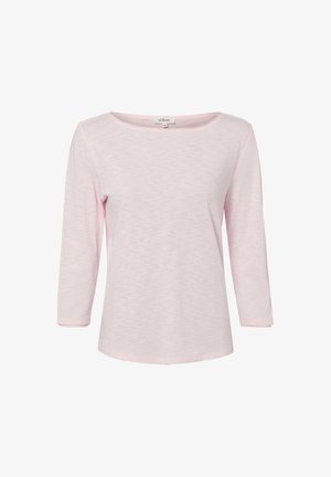 Damska, jasno różowa koszula z długim rękawem, z okrągłym dekoltem, dopasowanego kroju i subtelnie teksturowanego materiału, rozmiar 36.