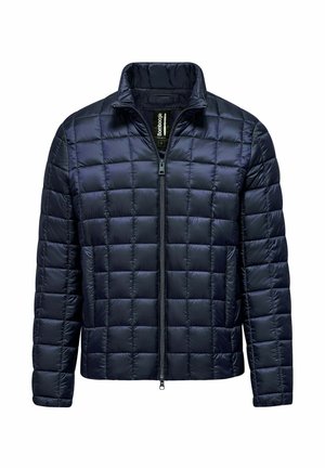 Gevoerde marineblauwe jas met een gestikte stof, hoge kraag en volledige ritssluiting aan de voorkant. Gladde, glanzende textuur met lange mouwen en geen zichtbare logo's.