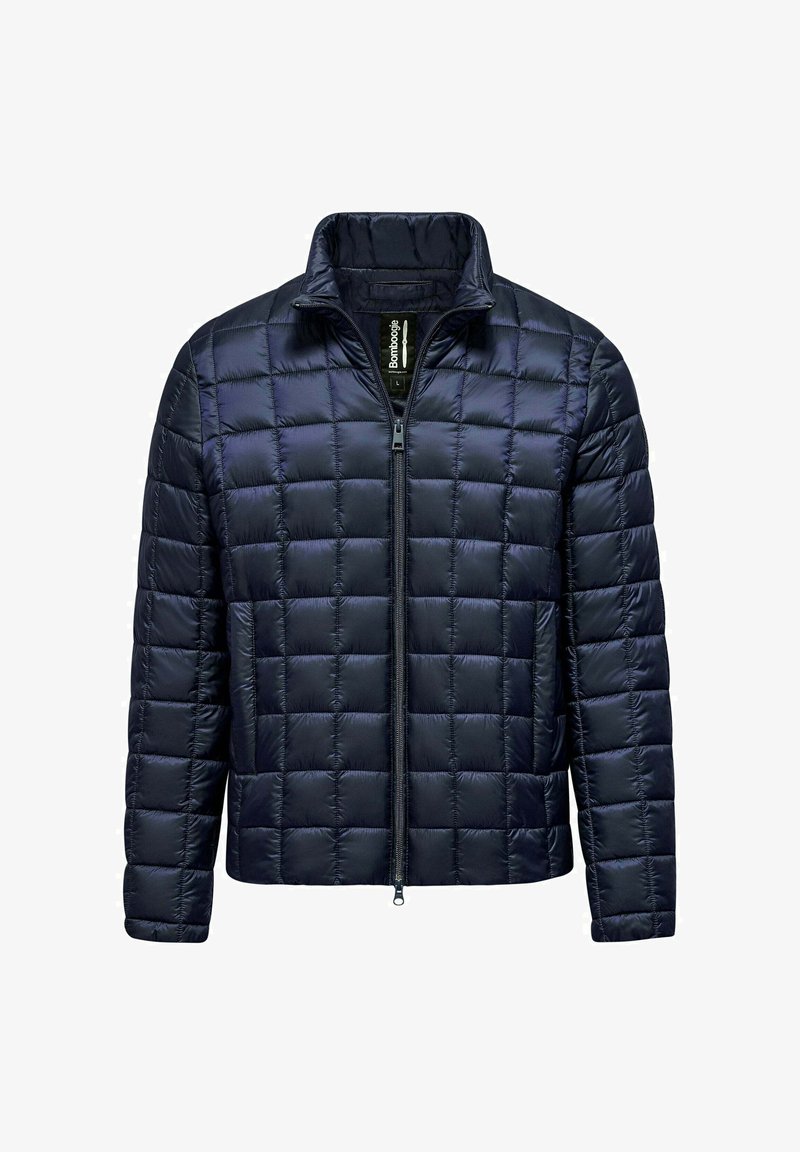 Gevoerde marineblauwe jas met een gestikte stof, hoge kraag en volledige ritssluiting aan de voorkant. Gladde, glanzende textuur met lange mouwen en geen zichtbare logo's.