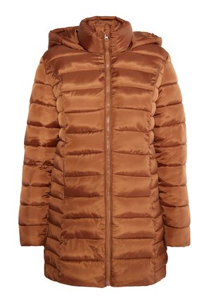 Chaqueta de plumas marrón con capucha, que presenta un cierre de cremallera en el frente, diseño acolchado y textura suave y brillante. Sin adornos adicionales.