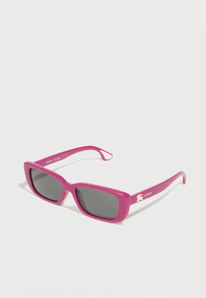 Rectangular pink sunglasses with dark lenses and a white Burberry logo on the temples, shown on a white background.