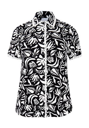 Chemise à manches courtes avec boutons en noir et blanc, présentant un motif abstrait de main et de fleurs, avec une bordure contrastante le long de la patte de boutonnage.