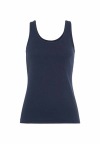 Marineblauw tanktop van lichtgewicht stof, met een ronde halslijn en brede schouderbanden, met een getailleerde, gladde silhouet.