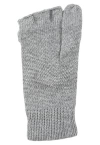 Grau gestrickte fingerlose Handschuhe mit geripptem Bündchen, die eine weiche Textur und ein einfaches Design zeigen, geeignet, um Wärme zu bieten, während sie die Fingerfertigkeit erlauben.
