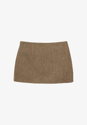 Mini jupe à motif chevrons marron, présentant une coupe droite et une texture lisse. Le tissu semble tissé et structuré. Pas de fermetures visibles.