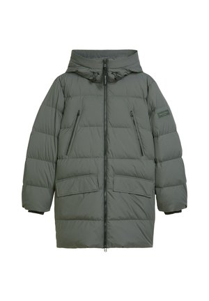 Giacca imbottita verde oliva con cappuccio, dotata di una zip frontale, due tasche sul petto con zip e due grandi tasche frontali con patta.