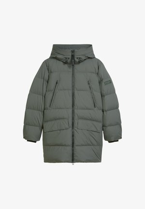 Padded oliwkowa kurtka z kapturem, z zamkiem błyskawicznym z przodu, dwoma kieszeniami na zamek na klatce piersiowej oraz dwoma dużymi kieszeniami na klapie z przodu.